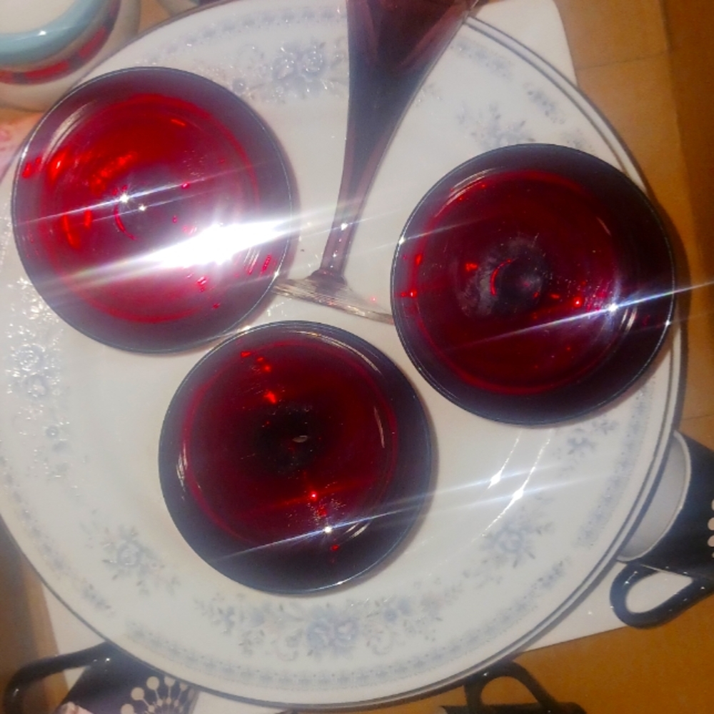 Vintage Luminarc Ruby Red Cavalier Liquor Glasses Marked France 3 Piece Set